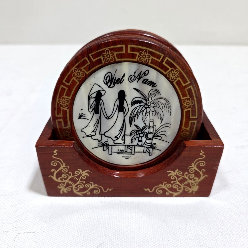 Boho Coasters Brown Mother of Pearl Inlay Dark Wood Vietnam Set 5 Eclectic Art